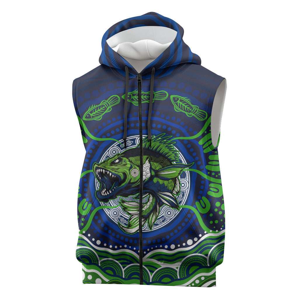 Personalised Barramundi Fishing Sleeveless Zip Hoodie Aboriginal Dot Art Fierce Fish