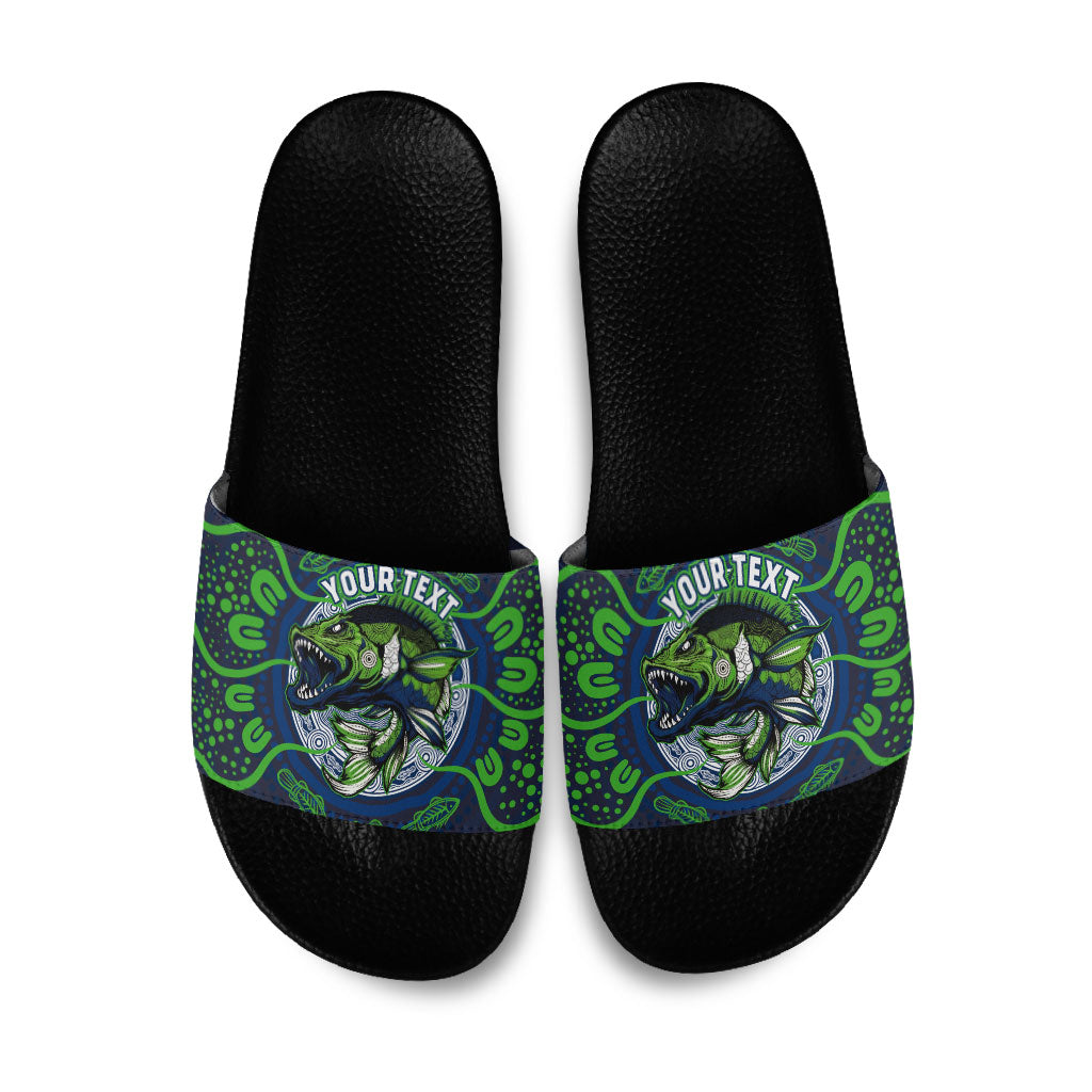 Personalised Barramundi Fishing Slide Sandals Aboriginal Dot Art Fierce Fish