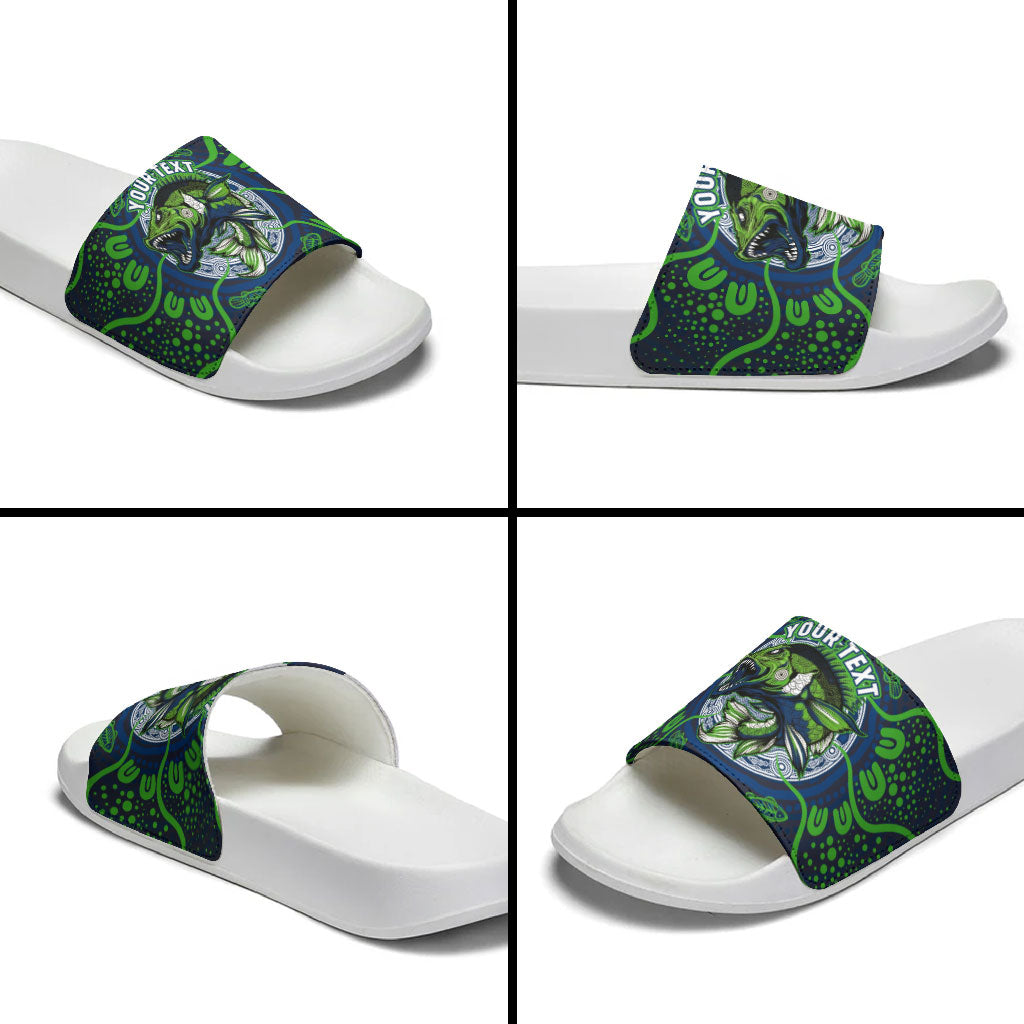 Personalised Barramundi Fishing Slide Sandals Aboriginal Dot Art Fierce Fish