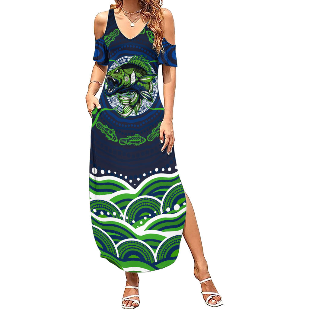 Personalised Barramundi Fishing Summer Maxi Dress Aboriginal Dot Art Fierce Fish