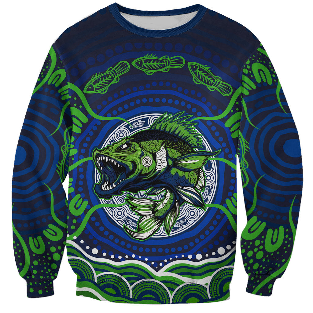 Personalised Barramundi Fishing Sweatshirt Aboriginal Dot Art Fierce Fish