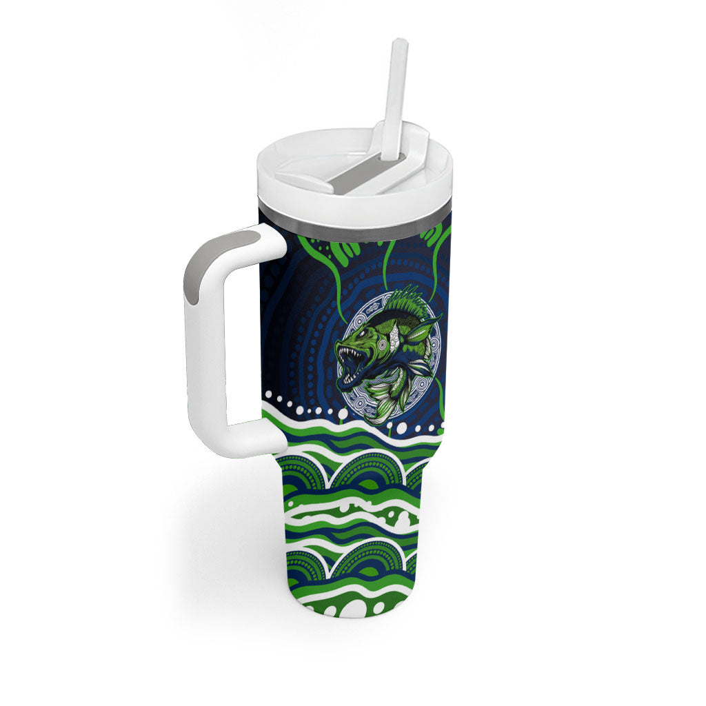 Personalised Barramundi Fishing Tumbler With Handle Aboriginal Dot Art Fierce Fish