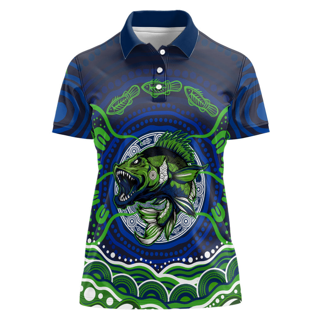 Personalised Barramundi Fishing Women Polo Shirt Aboriginal Dot Art Fierce Fish