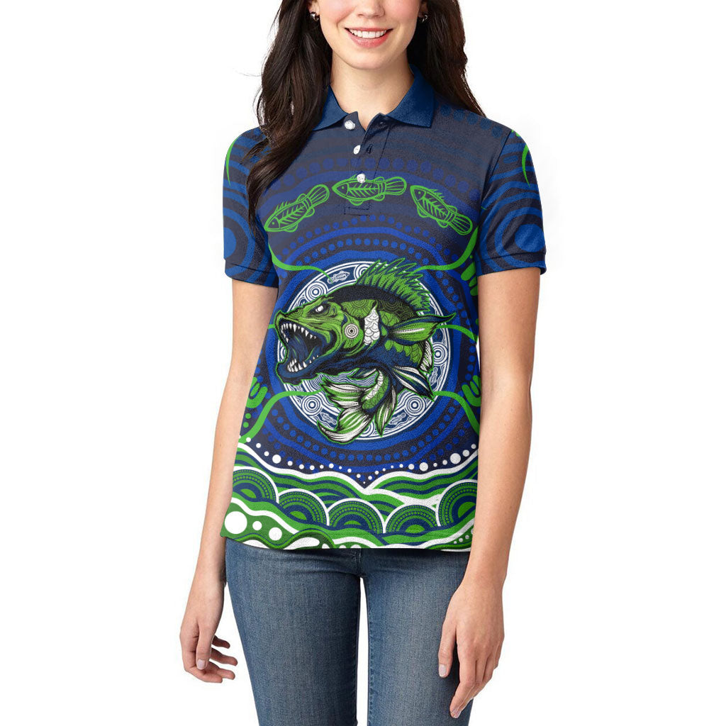 Personalised Barramundi Fishing Women Polo Shirt Aboriginal Dot Art Fierce Fish
