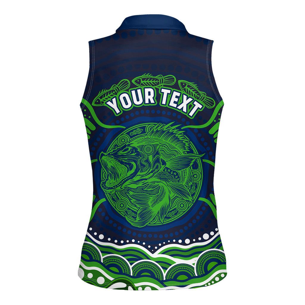 Personalised Barramundi Fishing Women Sleeveless Polo Shirt Aboriginal Dot Art Fierce Fish