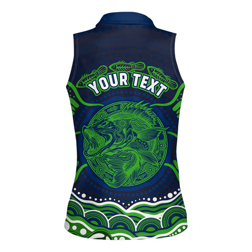 Personalised Barramundi Fishing Women Sleeveless Polo Shirt Aboriginal Dot Art Fierce Fish