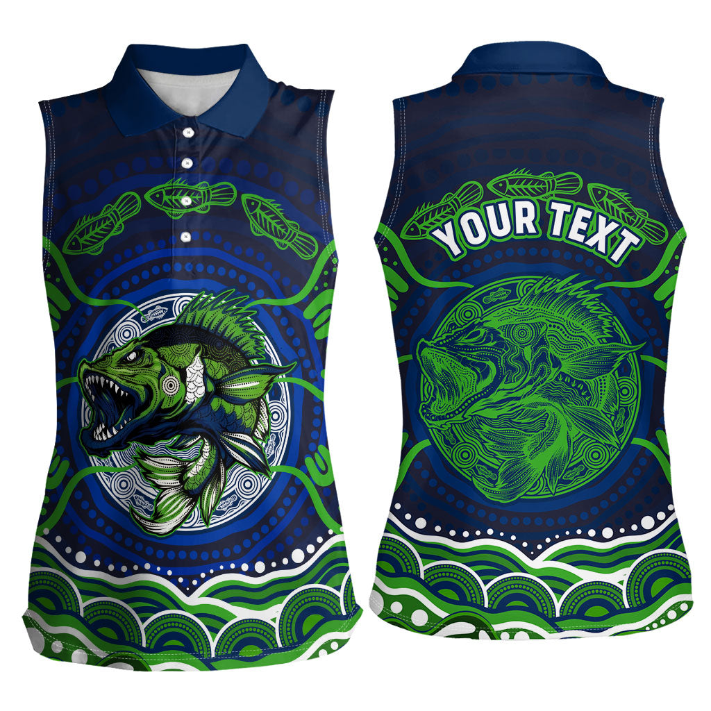 Personalised Barramundi Fishing Women Sleeveless Polo Shirt Aboriginal Dot Art Fierce Fish