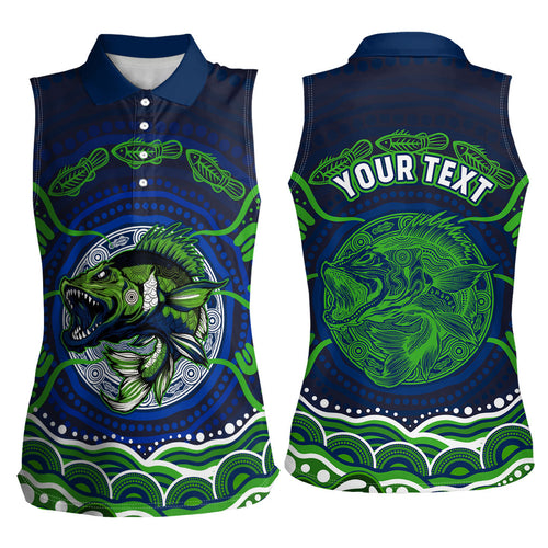 Personalised Barramundi Fishing Women Sleeveless Polo Shirt Aboriginal Dot Art Fierce Fish