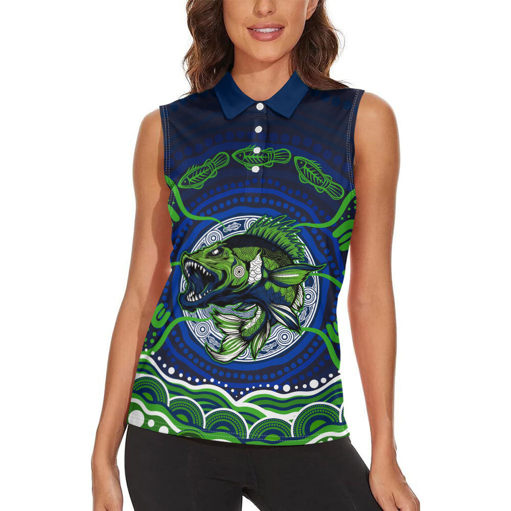 Personalised Barramundi Fishing Women Sleeveless Polo Shirt Aboriginal Dot Art Fierce Fish