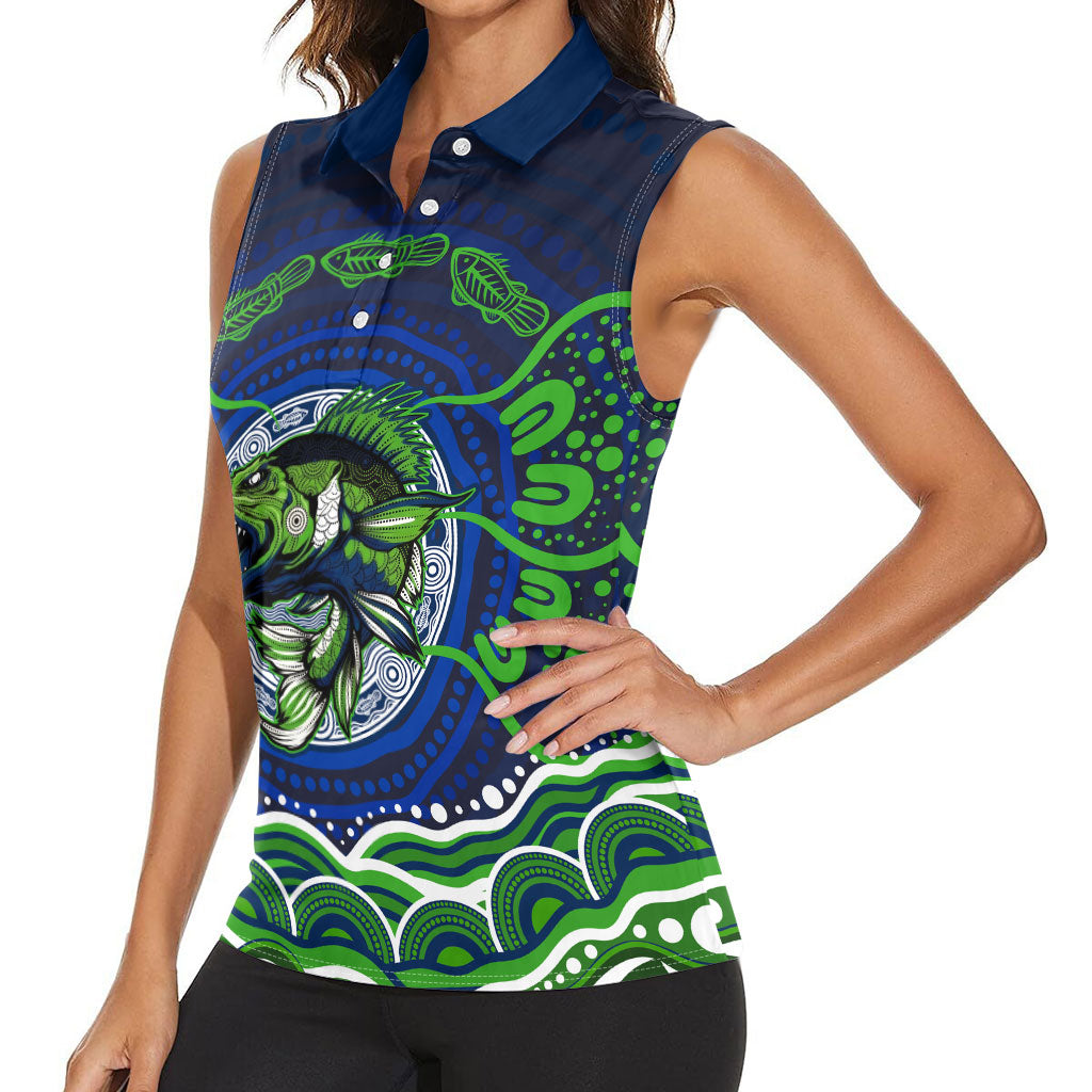 Personalised Barramundi Fishing Women Sleeveless Polo Shirt Aboriginal Dot Art Fierce Fish