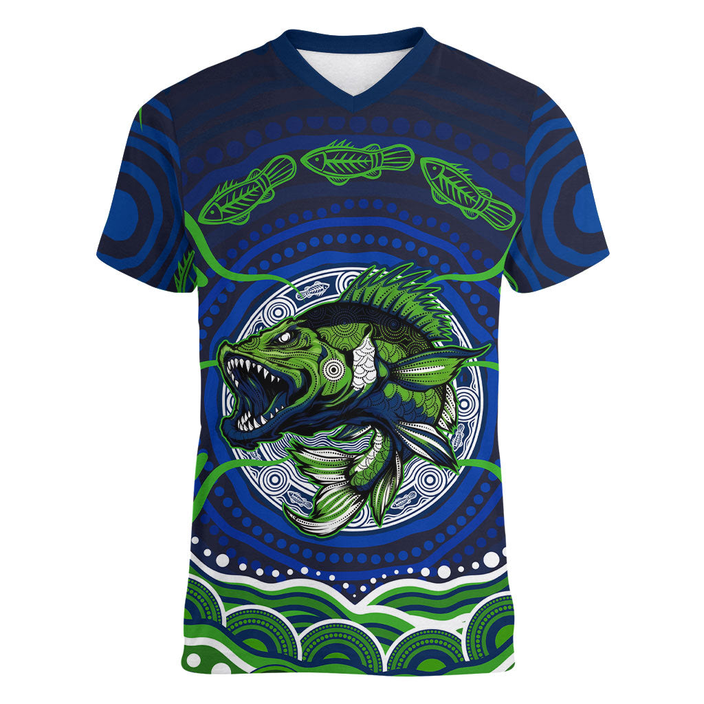 Personalised Barramundi Fishing Women V-Neck T-Shirt Aboriginal Dot Art Fierce Fish