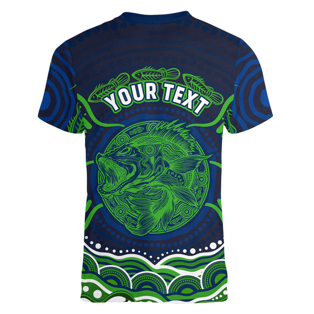 Personalised Barramundi Fishing Women V-Neck T-Shirt Aboriginal Dot Art Fierce Fish