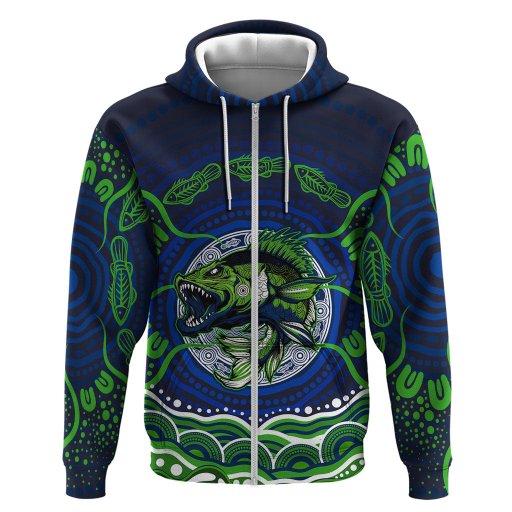 Personalised Barramundi Fishing Zip Hoodie Aboriginal Dot Art Fierce Fish