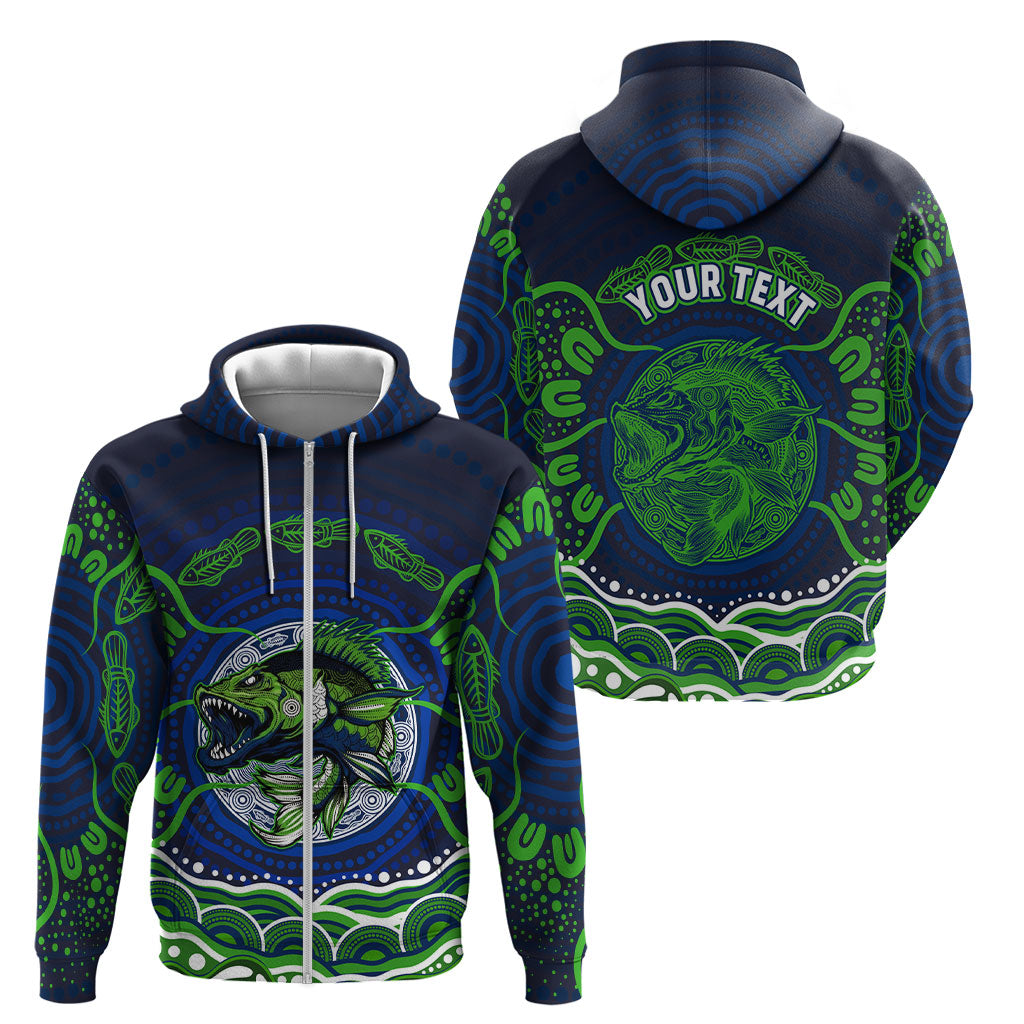 Personalised Barramundi Fishing Zip Hoodie Aboriginal Dot Art Fierce Fish