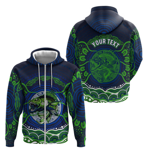 Personalised Barramundi Fishing Zip Hoodie Aboriginal Dot Art Fierce Fish
