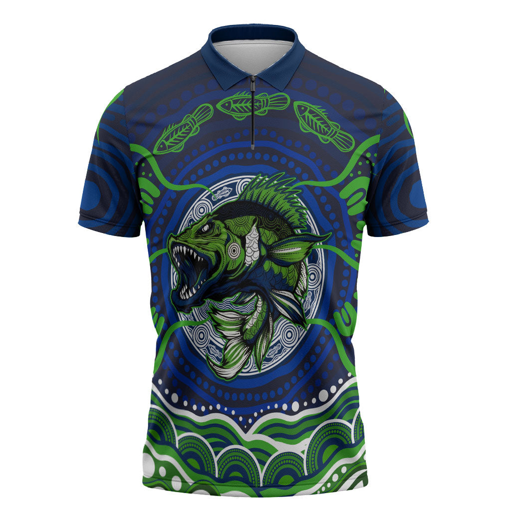 Personalised Barramundi Fishing Zipper Polo Shirt Aboriginal Dot Art Fierce Fish