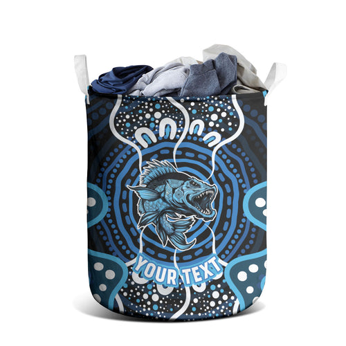 Custom Barramundi Fishing Laundry Basket Indigenous Aboriginal Dot Art Blue Fish