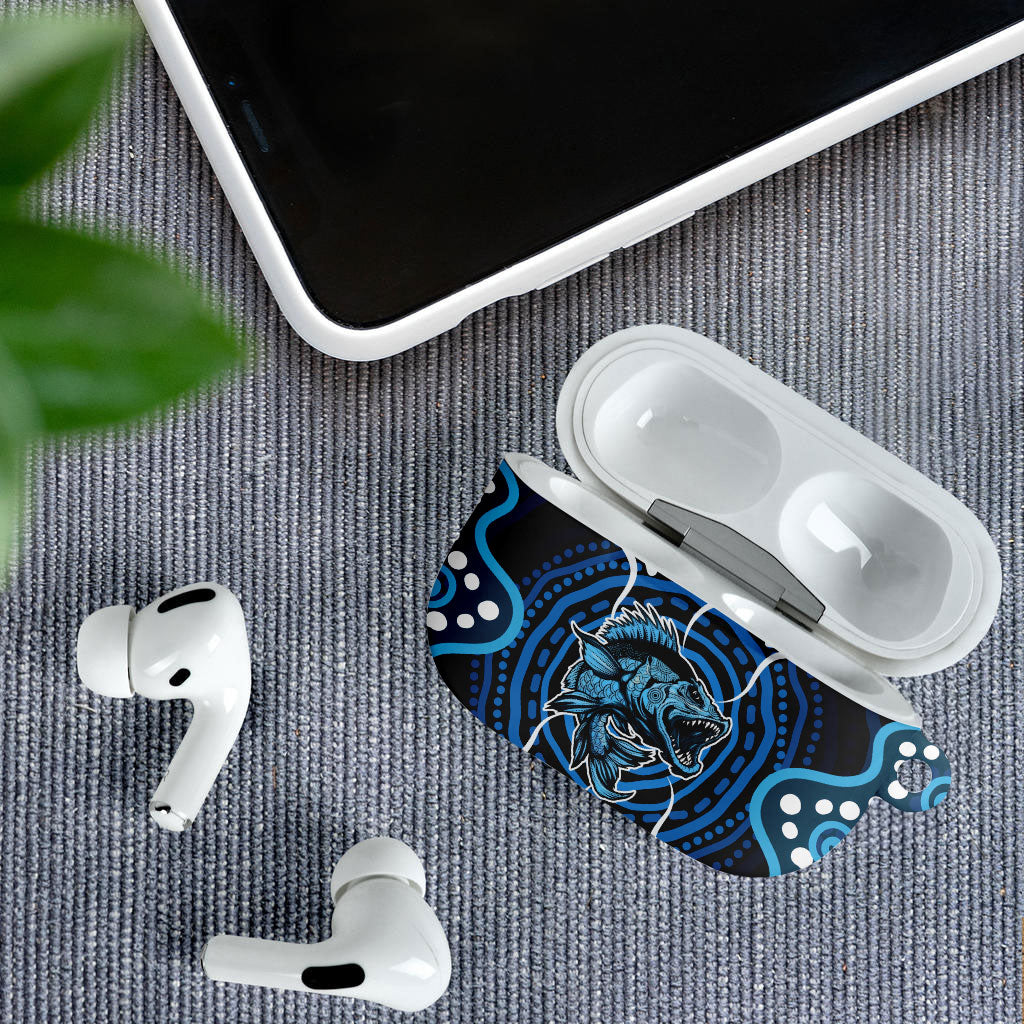 Custom Barramundi Fishing AirPods Case Indigenous Aboriginal Dot Art Blue Fish