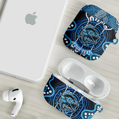 Custom Barramundi Fishing AirPods Case Indigenous Aboriginal Dot Art Blue Fish