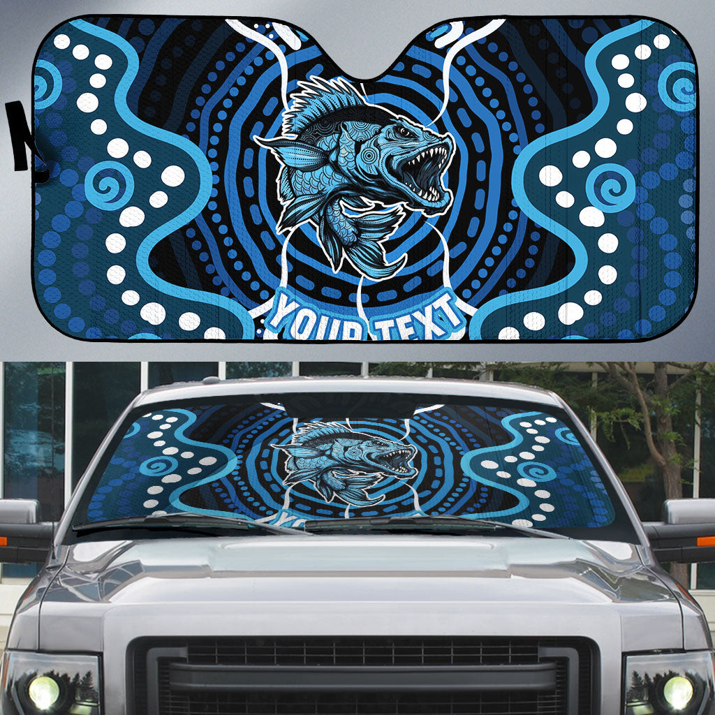 Custom Barramundi Fishing Auto Sun Shade Indigenous Aboriginal Dot Art Blue Fish