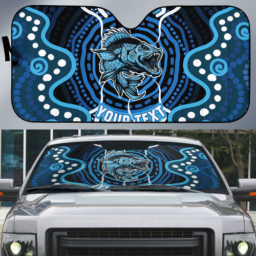Custom Barramundi Fishing Auto Sun Shade Indigenous Aboriginal Dot Art Blue Fish