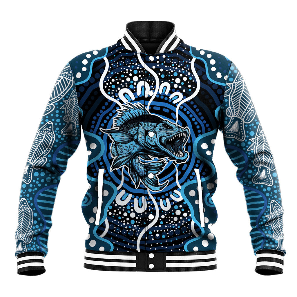Custom Barramundi Fishing Baseball Jacket Indigenous Aboriginal Dot Art Blue Fish