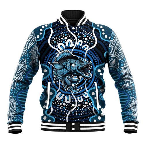 Custom Barramundi Fishing Baseball Jacket Indigenous Aboriginal Dot Art Blue Fish