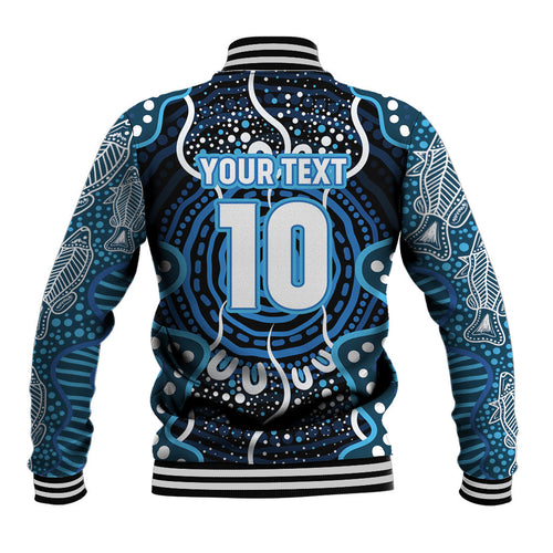 Custom Barramundi Fishing Baseball Jacket Indigenous Aboriginal Dot Art Blue Fish