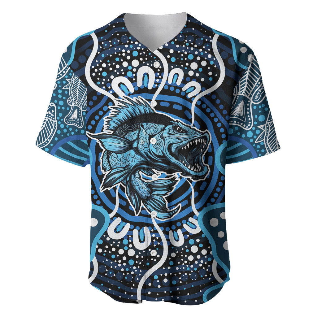 Custom Barramundi Fishing Baseball Jersey Indigenous Aboriginal Dot Art Blue Fish