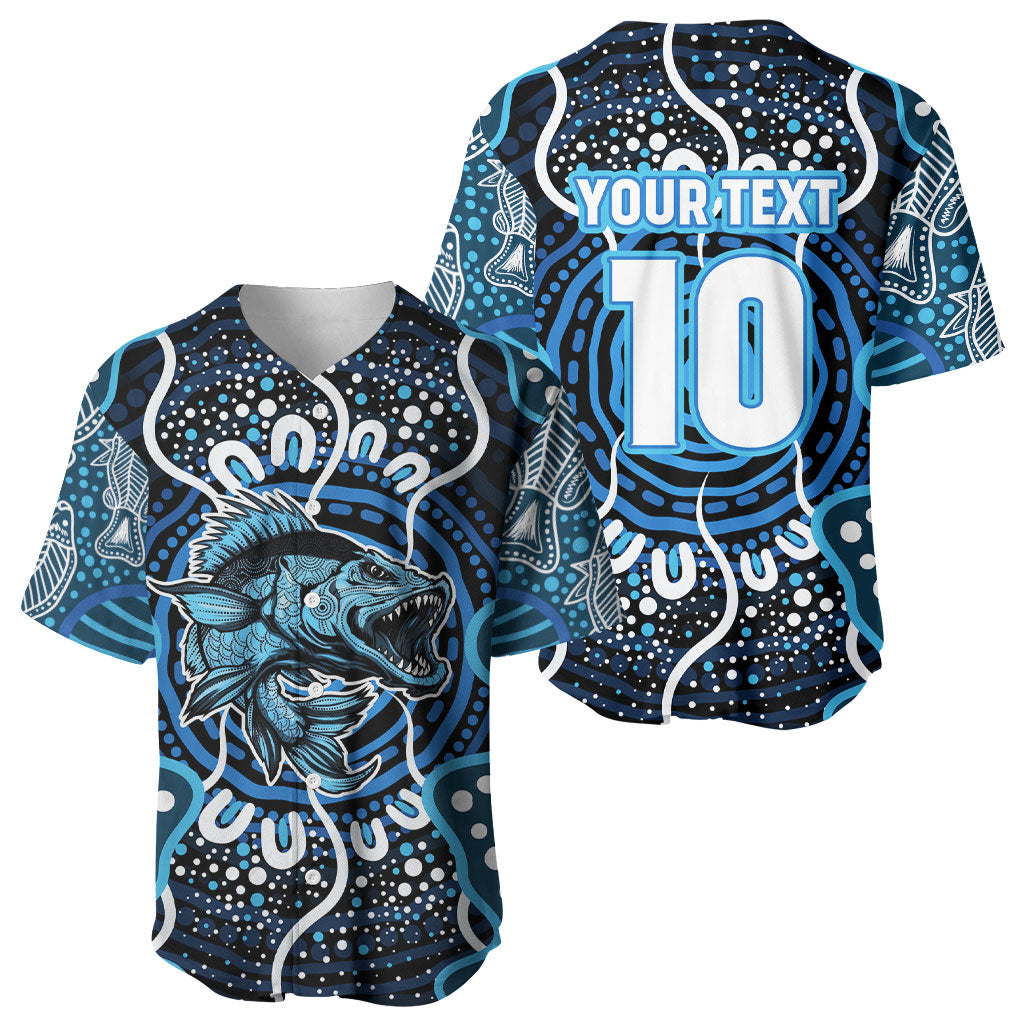 Custom Barramundi Fishing Baseball Jersey Indigenous Aboriginal Dot Art Blue Fish