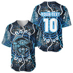 Custom Barramundi Fishing Baseball Jersey Indigenous Aboriginal Dot Art Blue Fish