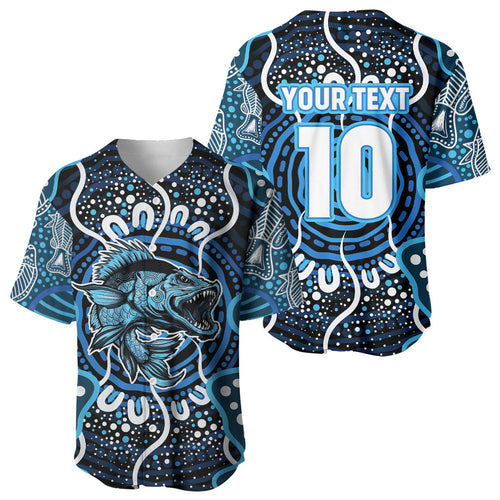 Custom Barramundi Fishing Baseball Jersey Indigenous Aboriginal Dot Art Blue Fish