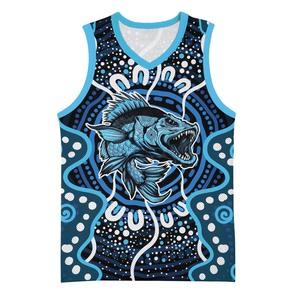 Custom Barramundi Fishing Basketball Jersey Indigenous Aboriginal Dot Art Blue Fish