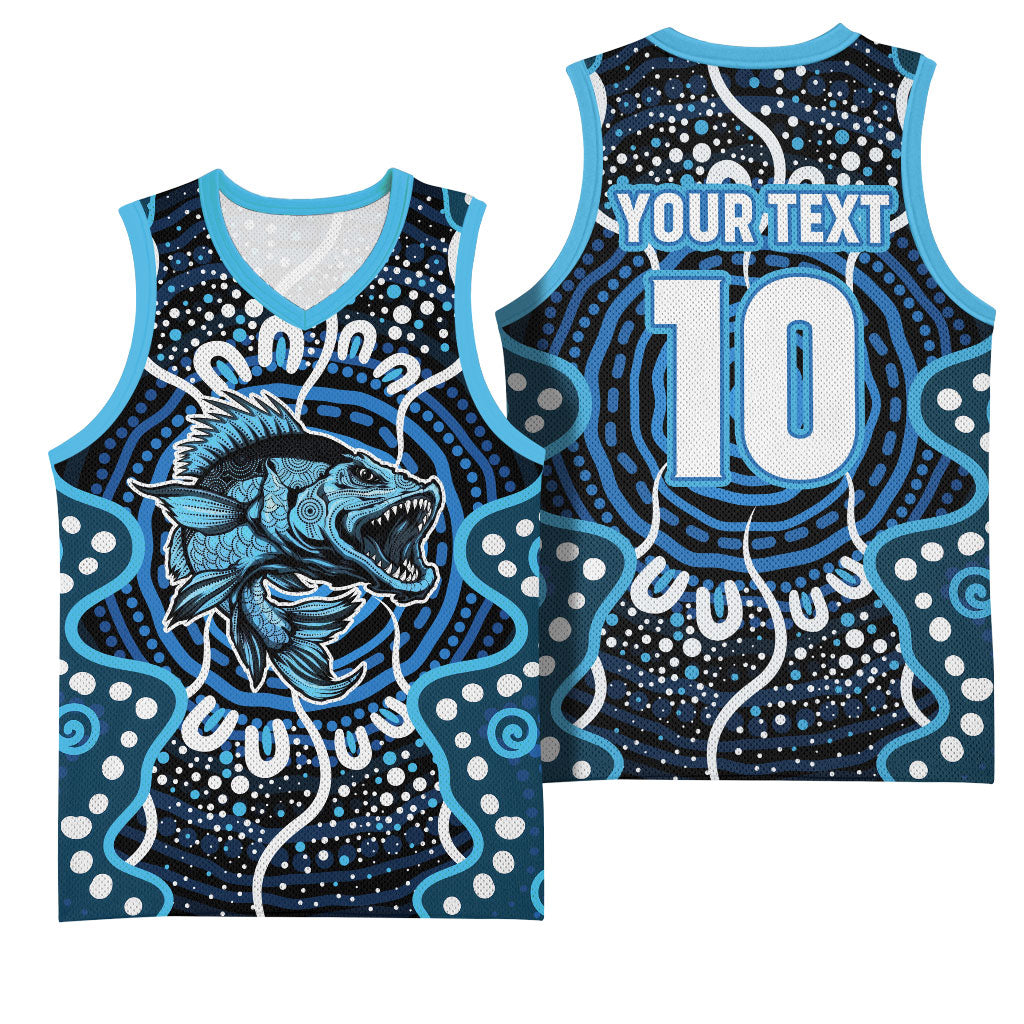 Custom Barramundi Fishing Basketball Jersey Indigenous Aboriginal Dot Art Blue Fish