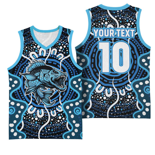Custom Barramundi Fishing Basketball Jersey Indigenous Aboriginal Dot Art Blue Fish