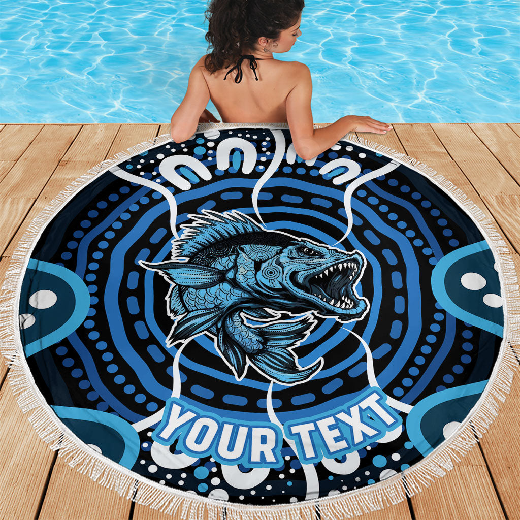 Custom Barramundi Fishing Beach Blanket Indigenous Aboriginal Dot Art Blue Fish