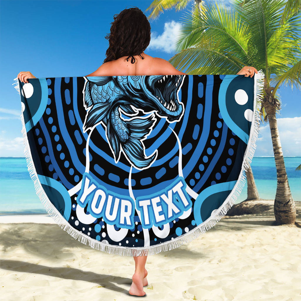 Custom Barramundi Fishing Beach Blanket Indigenous Aboriginal Dot Art Blue Fish