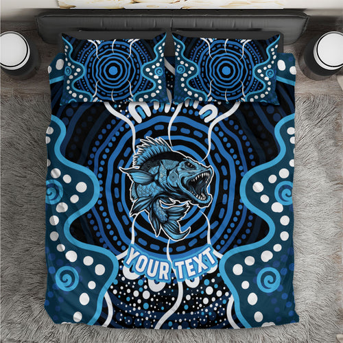 Custom Barramundi Fishing Bedding Set Indigenous Aboriginal Dot Art Blue Fish