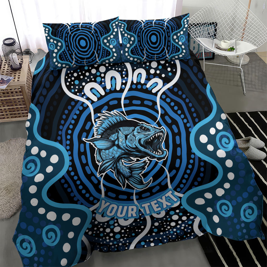 Custom Barramundi Fishing Bedding Set Indigenous Aboriginal Dot Art Blue Fish