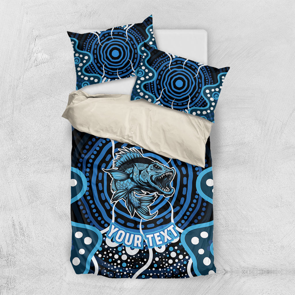 Custom Barramundi Fishing Bedding Set Indigenous Aboriginal Dot Art Blue Fish