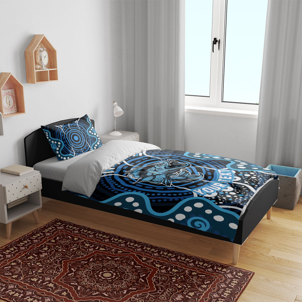 Custom Barramundi Fishing Bedding Set Indigenous Aboriginal Dot Art Blue Fish