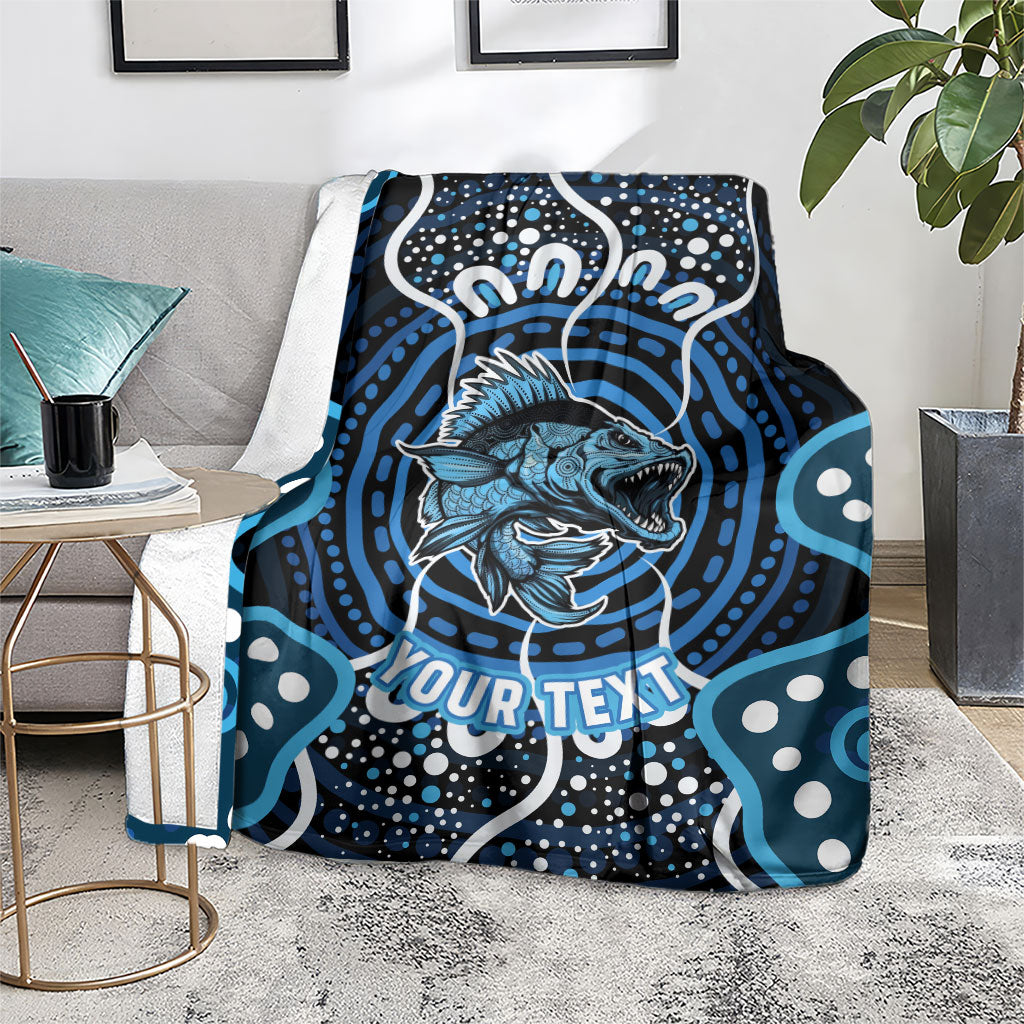 Custom Barramundi Fishing Blanket Indigenous Aboriginal Dot Art Blue Fish