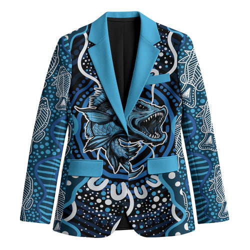 Custom Barramundi Fishing Blazer Indigenous Aboriginal Dot Art Blue Fish