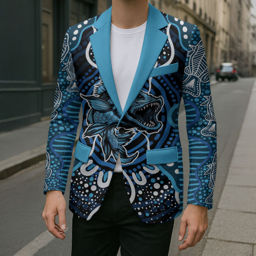 Custom Barramundi Fishing Blazer Indigenous Aboriginal Dot Art Blue Fish