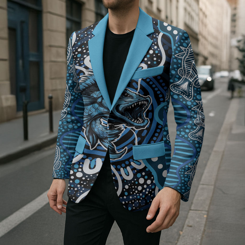 Custom Barramundi Fishing Blazer Indigenous Aboriginal Dot Art Blue Fish