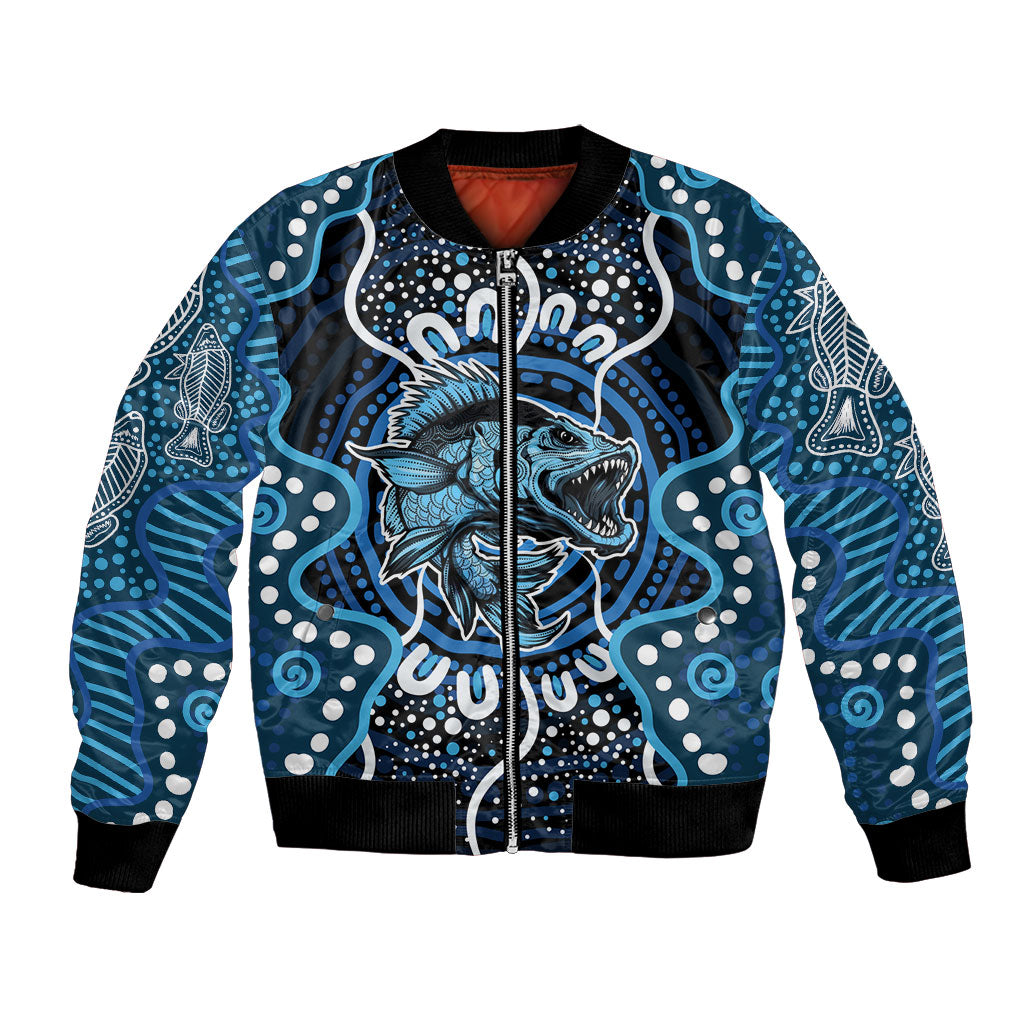 Custom Barramundi Fishing Bomber Jacket Indigenous Aboriginal Dot Art Blue Fish