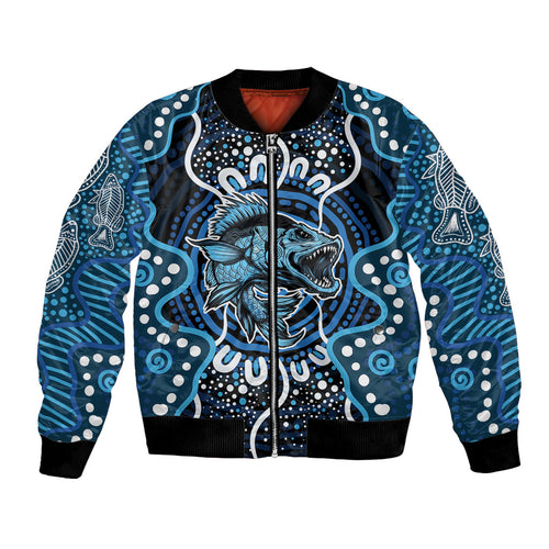 Custom Barramundi Fishing Bomber Jacket Indigenous Aboriginal Dot Art Blue Fish