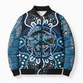 Custom Barramundi Fishing Bomber Puffer Jacket Indigenous Aboriginal Dot Art Blue Fish