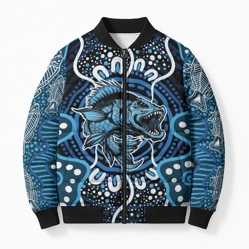 Custom Barramundi Fishing Bomber Puffer Jacket Indigenous Aboriginal Dot Art Blue Fish