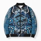 Custom Barramundi Fishing Bomber Puffer Jacket Indigenous Aboriginal Dot Art Blue Fish